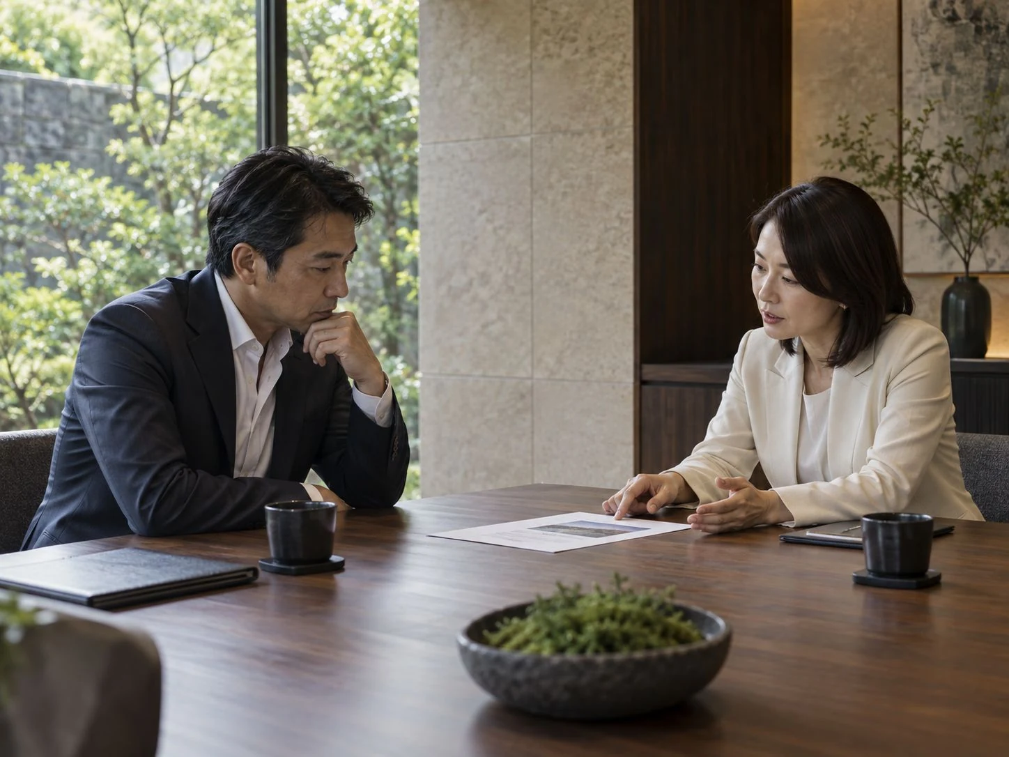 経営について落ち着いて対話する二人